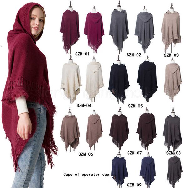 

solid 11styles winter charm knit large shawls tassel cape casual lady sweater with operator hat coat blankets ffa2917, Red;brown