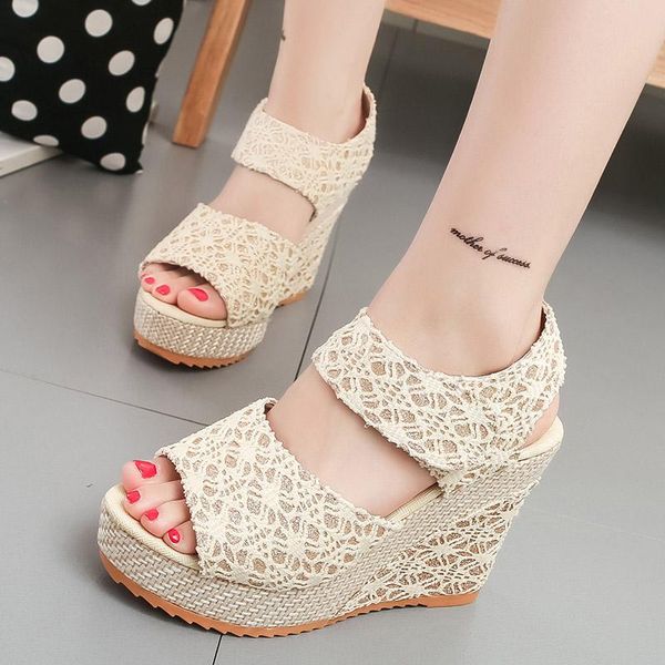 

sandals bomlight lace wedges shoes for women high heels summer 2021 flip flop chaussures femme platform size 41, Black