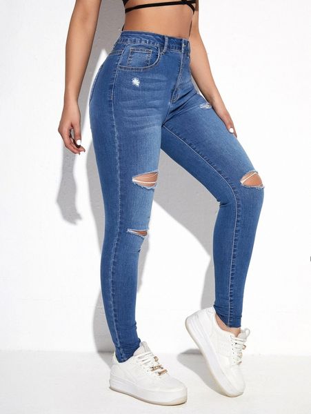 

high waisted ripped skinny jeans w4nf#, Blue