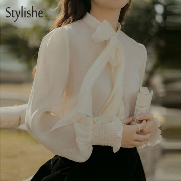 

women's blouses & shirts stylishe vintage yellow white women blouse bow tie shirt female elegant solid long sleeve button up ladies bl
