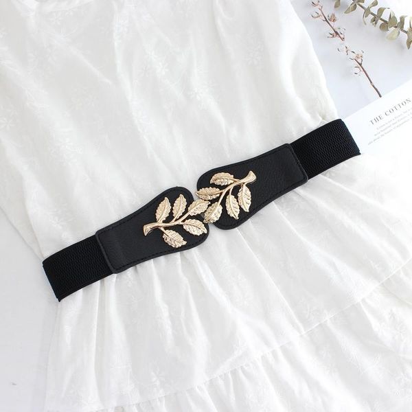 

belts leaf waist seal fashion stretch wide cummerbunds gold alloy leaves elastic waistbands for dress coat wedding decorate girl, Black;brown