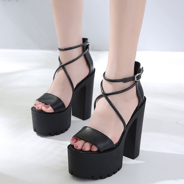 

414243 size european and american nightclubs dj bar performance shoes cross strap 15cm thick heel super high heel platform sandals female 62, Black