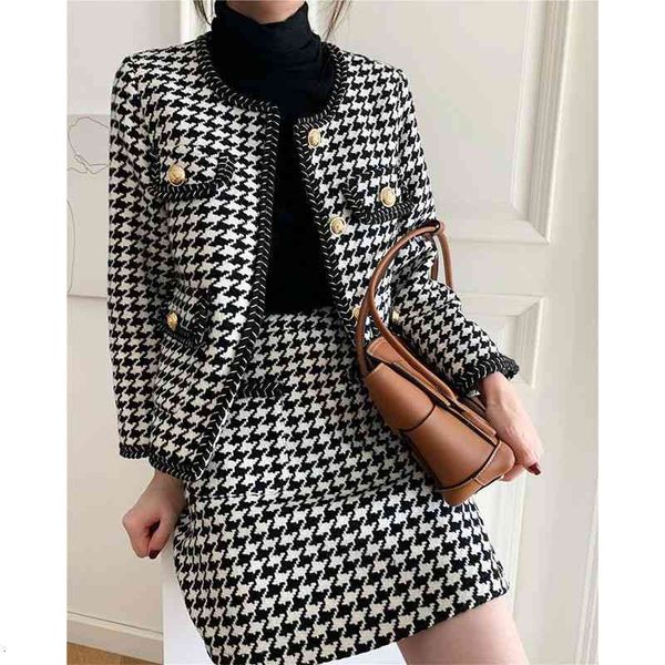 

women's two piece pants set spring female pearl single-breasted houndstooth jacket + high waist skirt and short two-piece suit qrjv, White