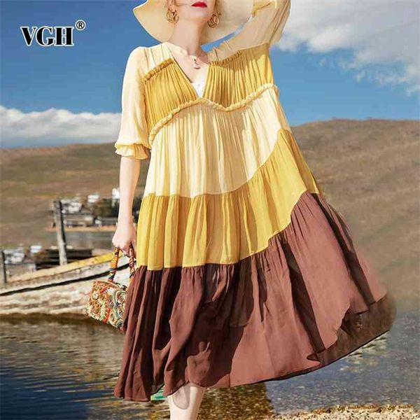 

hit color vintage patchwork dress for women v neck lantern three quarter sleeve casual loose maxi dresses female summer 210531, Black;gray