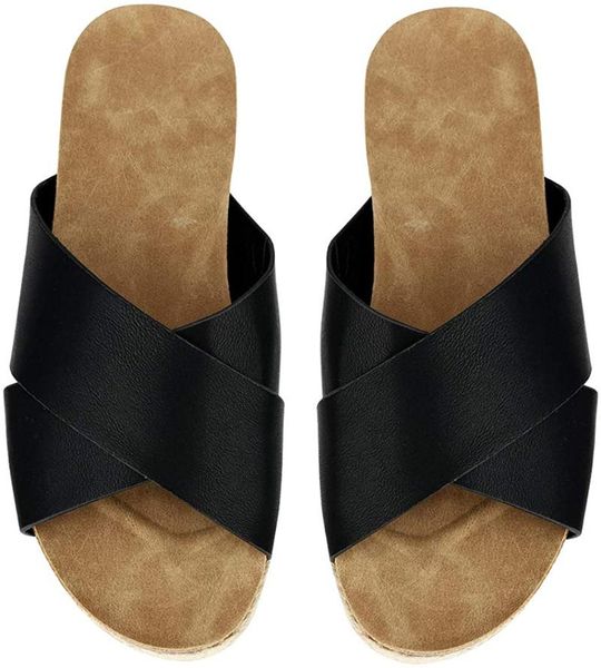 

sandals big size womens platform espadrilles criss cross orthopedic summer flat slide ladies shoes for women 2021, Black
