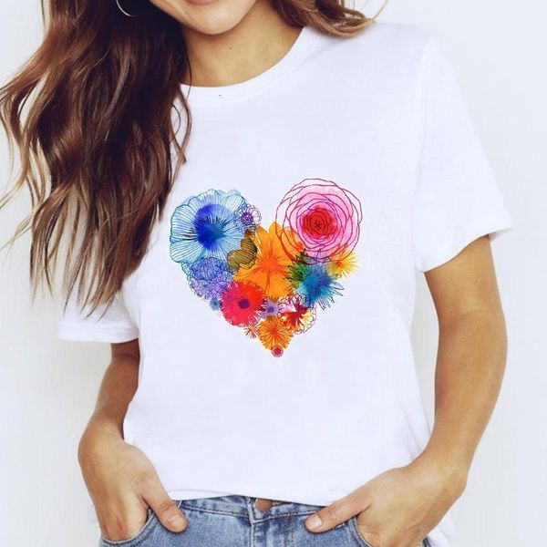 

2021 new women t shirts floral heart graphic tees girls ladies love print kawaii korean style women clothes tee, White