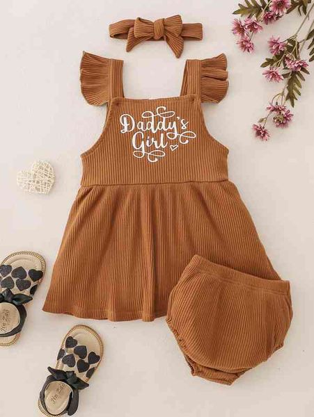

baby slogan graphic ruffle trim dress & shorts & headband she, White
