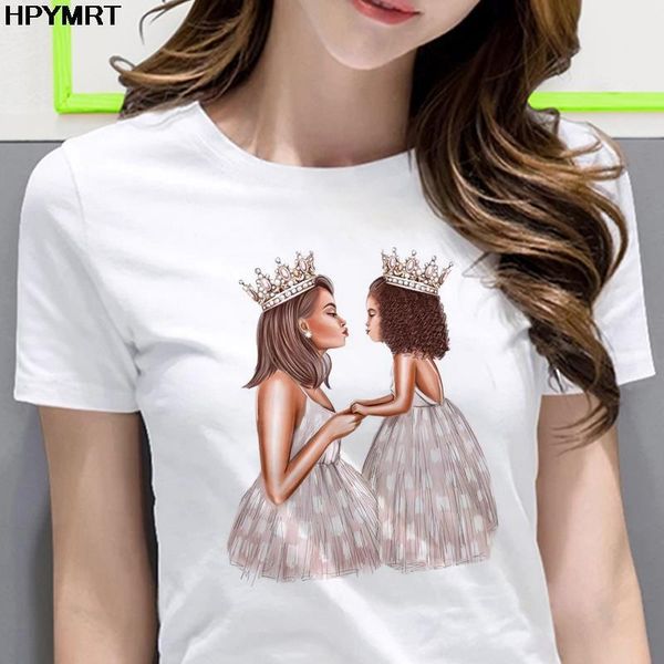 

t shirt for women mom daughter wearing a crown printed vogue tshirt casual t-shirt new summer tee shirt streetwear clothing, White
