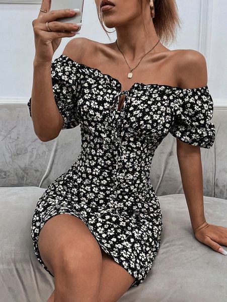 

ditsy floral off shoulder puff sleeve tie front bodycon dress e7zr#, Black;gray