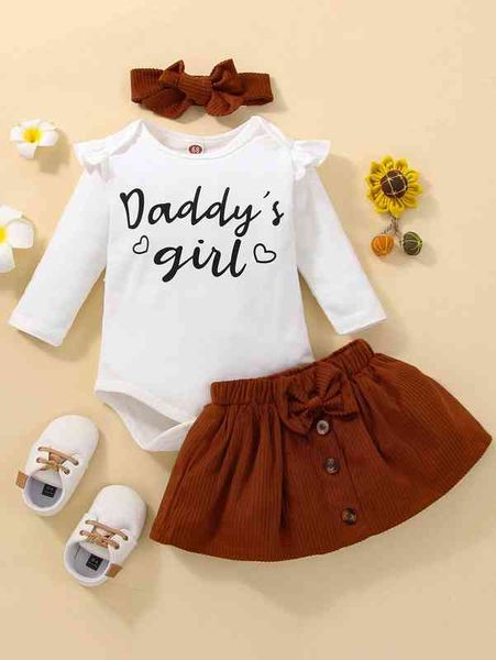 

baby letter graphic bodysuit & fake button bow skirt & headband she, White