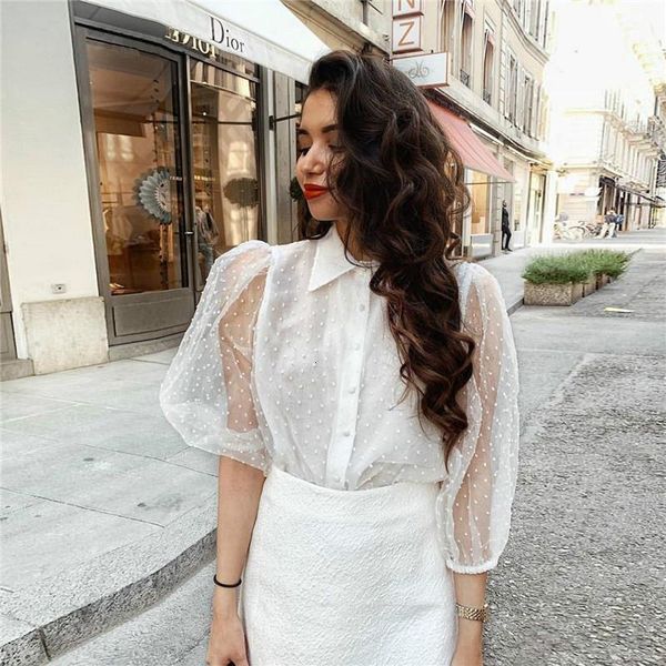 

women elegant white blouse transparent turn down collar long sleeve female shirts stylish office wear blusas
