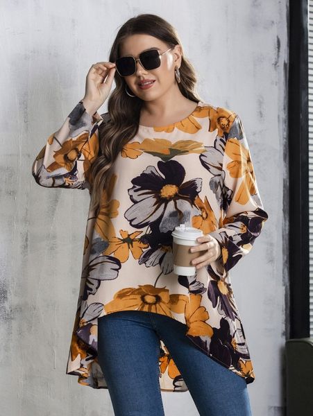 

plus floral print high low hem blouse i8zw#, Black