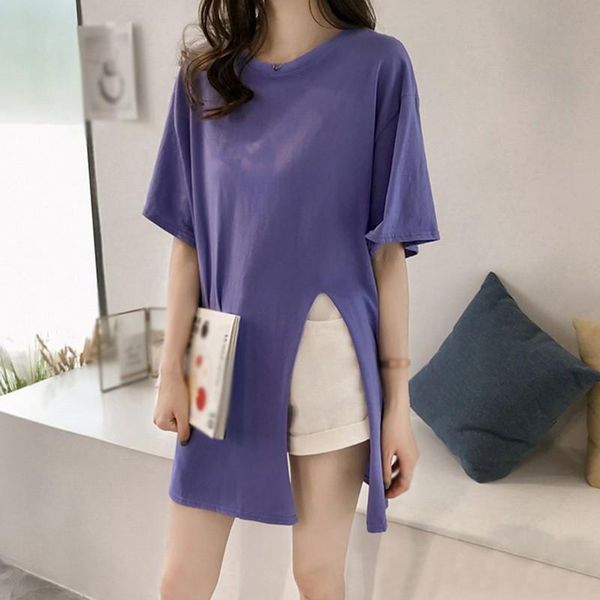 

women's t-shirt 2021 side slit t-shirts for women korean style wild solid color plus size long loose casual short sleeved t shirt, White