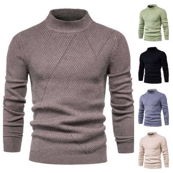 

2021 winter new pure color slim fit men's striped semi turtleneck sweater jacket, White;black