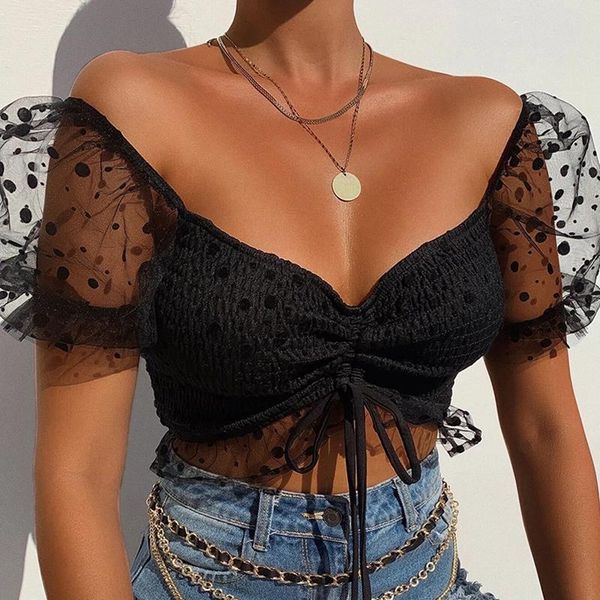 

women's t-shirt black white elegant polka dot cropped tee women short mesh puff sleeve skinny casual streetwear female t-shirts for gi