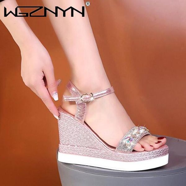 

new women bead studded diamond sandals platform summer wedge shoes ladies ankle buckle strap female woman casual sandal 2021 hot, Black