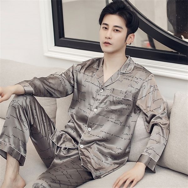 

silk pyjama set men sleepwear satin pajamas unit autumn spring home suit printed lounge pants nightgown sleep clothes xxxl 201126, Black;brown