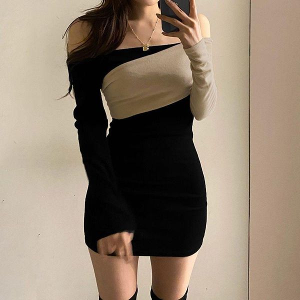 

party dresses solid contrast patchwork long-sleeved dress 2021 summer korean fashion word collar strapless temperament bodycon, White;black