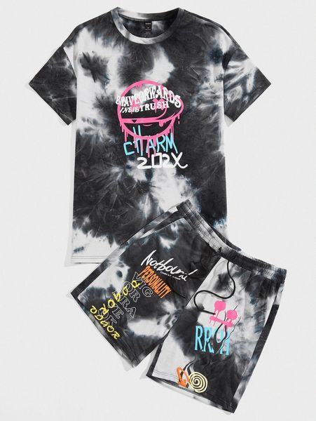 

men tie dye cartoon and letter graphic tee & drawstring waist shorts 37kw#, Gray