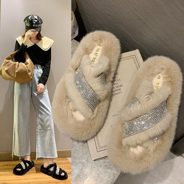 

fashion women slipper casual comfort cross furry slipper home warm fur slipper female flat sandals plus size fluffy slippers, Black