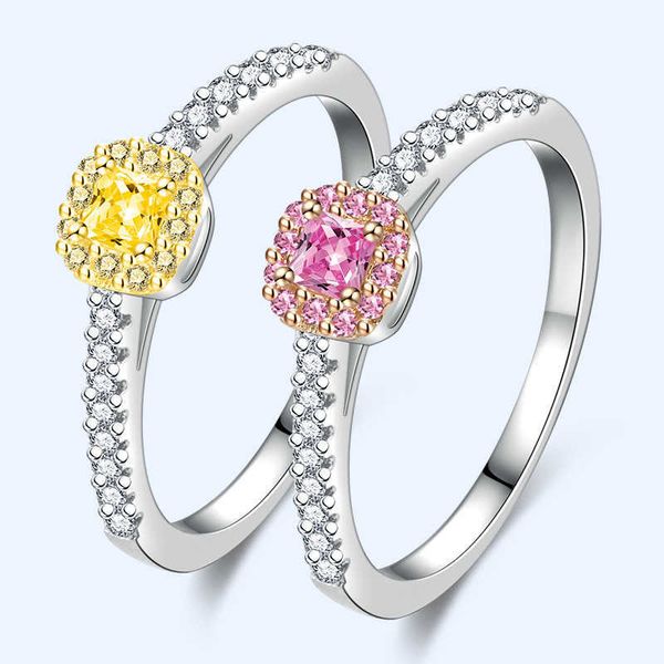 

romantic color yellow diamond rings women's square imitation pink luxury jewelry wedding 925 sterling silver, Slivery;golden