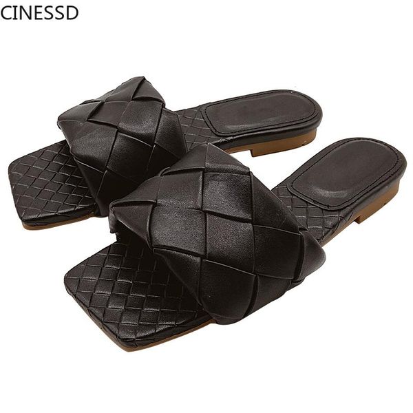 

slippers 2021 fashion summer women flat square head weave outdoor open toe sandals beach shoes runway party mujer, Black