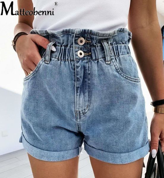 

2021 new fashion denim women's blue short jeans pockets wide leg elastic vintage high waist ruffle shorts women summer h8x9, White;black