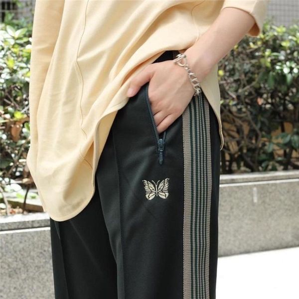 

men's pants green stripe needles men women 1:1 awge butterfly embroidered logo track trousers, Black
