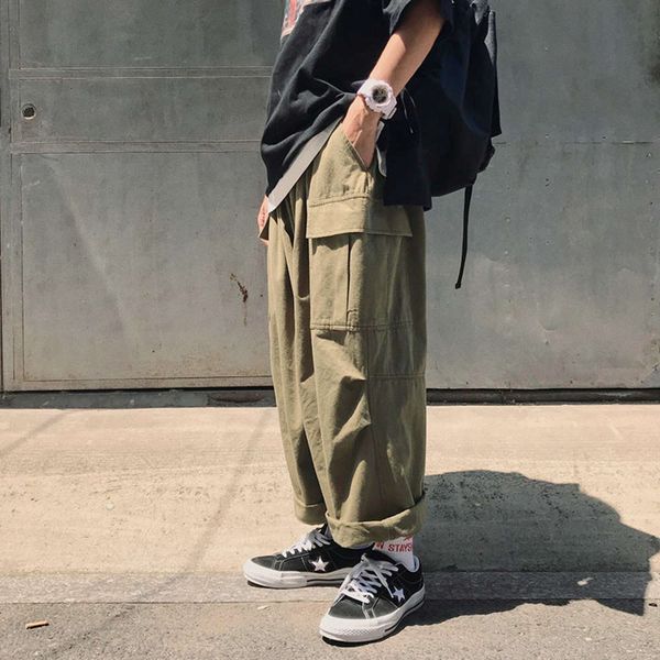 

fashion brand men's loose wide leg big pocket tooling casual youth chic large pants, Black