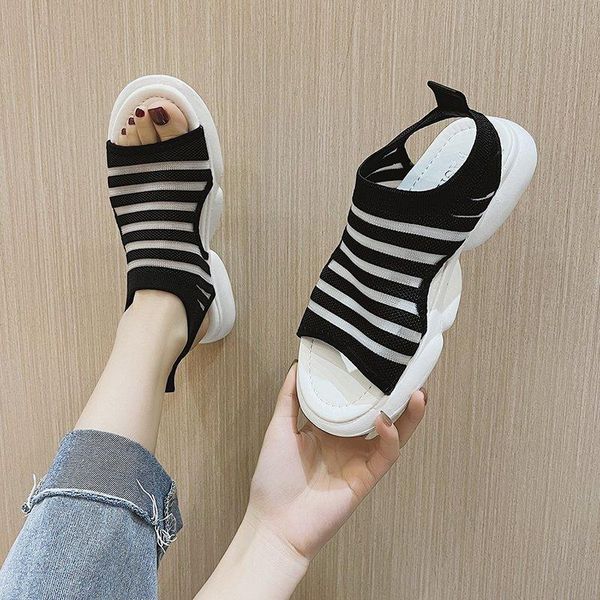 

sandals 2021 summer female sandal fashion womens shoes strappy heels girls luxury sports comfort low velvet flat elastic band, Black