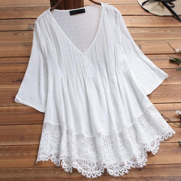 

plus size women tunic shirt spring summer solid color shirts v neck vintage button blouse big size women blouses and, White