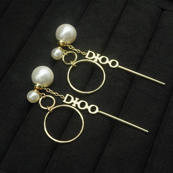 

cuff stud earrings d home / dijia net red same pearl letter tassel circle double ring jewelry, Golden