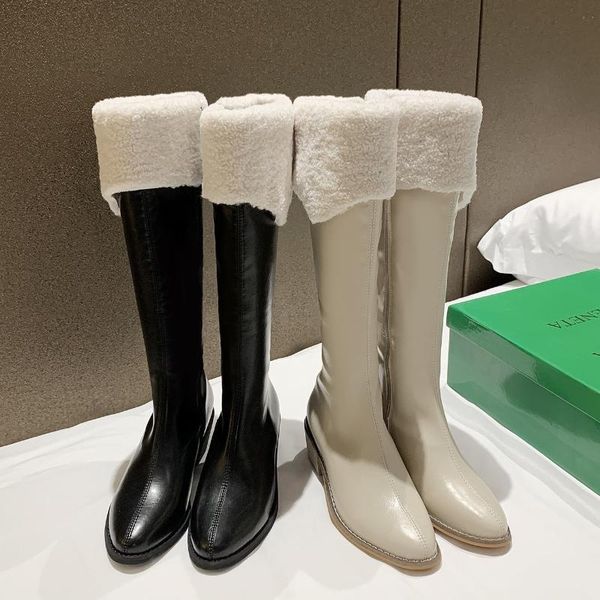 

boots women's but no knee high knight thick heel leather fluffy long fashion wild trend selling, Black