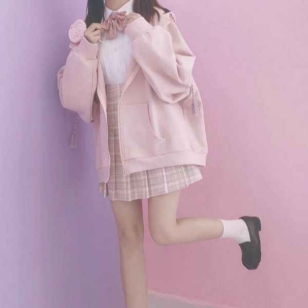 

new harajuku 2021 sweet-looking hoodie schoolgirl winter slender cartoons zip up hoodies woman streetwear n2oc, Black