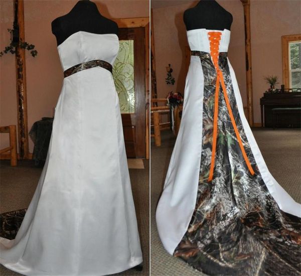 

2021 new vintage camo wedding dress sweetheart lace up strapless sleeveless appliques a line satin country bridal vestidos de noiva, White
