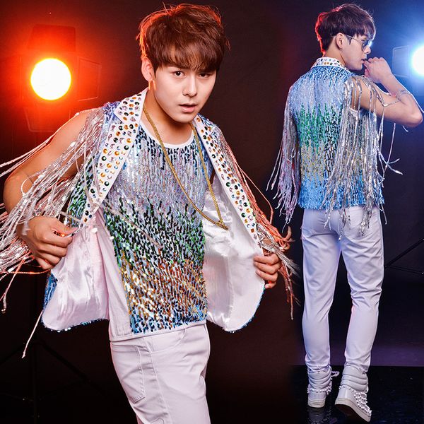 

sparkly colorful sequins stones vest coat tide male suits 3 piece sets punk style nightclub stage jazz hip hop costume show, Black;red