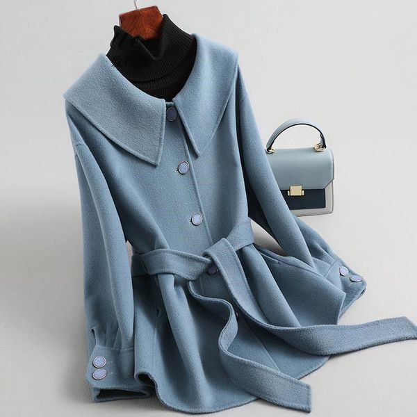 

women's wool & blends blue women coats winter 2021 turn-down collar belt slim elegant office lady outwear, Black