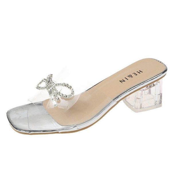 

new summer slippers women shoes woman mules clear transparent crystal bow knot thick high heels ladies shoes plus size, Black