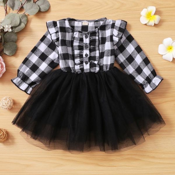 

girl's dresses little girls casual long sleeve dress kids children sweet plaid mesh yarn stitching button a-line outfit for 0-6t, Red;yellow