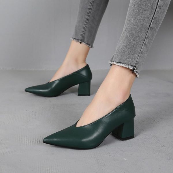 

dress shoes classic pointed toe woman shallow v-mouth pumps slip on high heel designer brand chunky ladies, Black