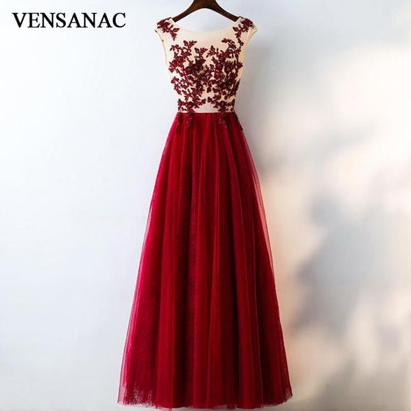 

evening dresses vensanac 2021 o neck crystal appliques a line long elegant party lace draped tulle prom gowns, Black;red