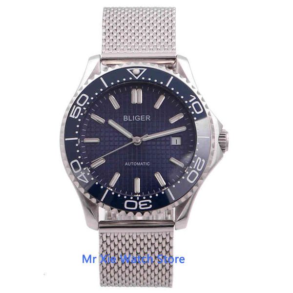 

dial bliger 41 mm blue miyota automatic mechanical brain wars lightning bright watertight military calendar clock men, Slivery;brown