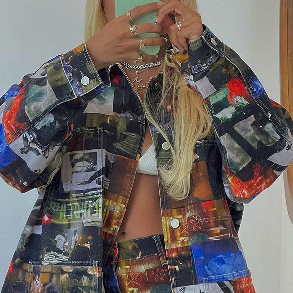 

women's jackets weiyao printed streetwear korean fashion cropped autumn 2021 long sleeve turn down collar party jacket womens outwear, Black;brown