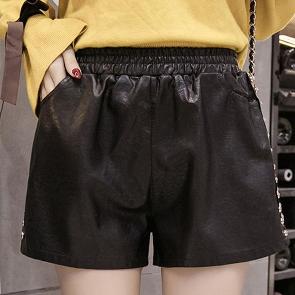 

women's shorts 2021 autumn chic women pu leather rivet wide leg, White;black