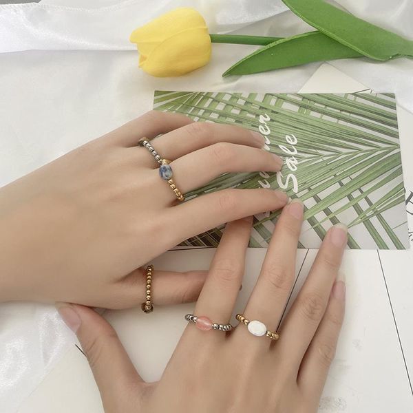 

wedding rings healing natural stone ring with stainless steel beads pearl opal lapis lazuli crystal jewelry elastic rope beaded wholesale, Slivery;golden
