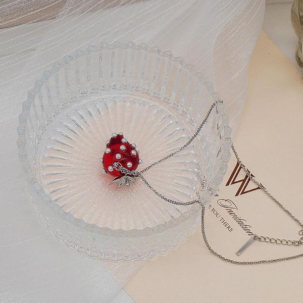 

pendant necklaces wonderful red color clear resin faux pearl strawberry necklace for women girls silver colour thin chain jewelry