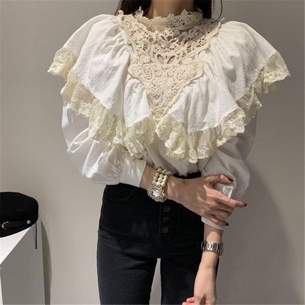 

chic korean patchwork lace loose shirts 2021 cotton linen ruffles office letter lady casual all match stylish blouses, White