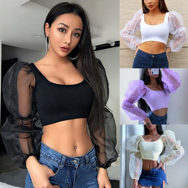 

women cropped solid tee casual t-shirt mesh puff sleeve blouse vest hot