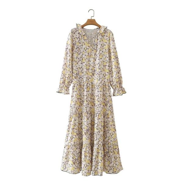 

casual dresses women floral printing ruffled collar elegant dress female long sleeve clothes lady loose vestido d8189, Black;gray