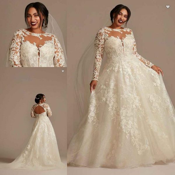 OLEG CASSINI Pizzo Illusion Manica lunga Plus Size Abiti da sposa 2022 Sheer O-Collo Applique Floreale Gonna a sbuffo Principessa Abito da sposa Vestaglie